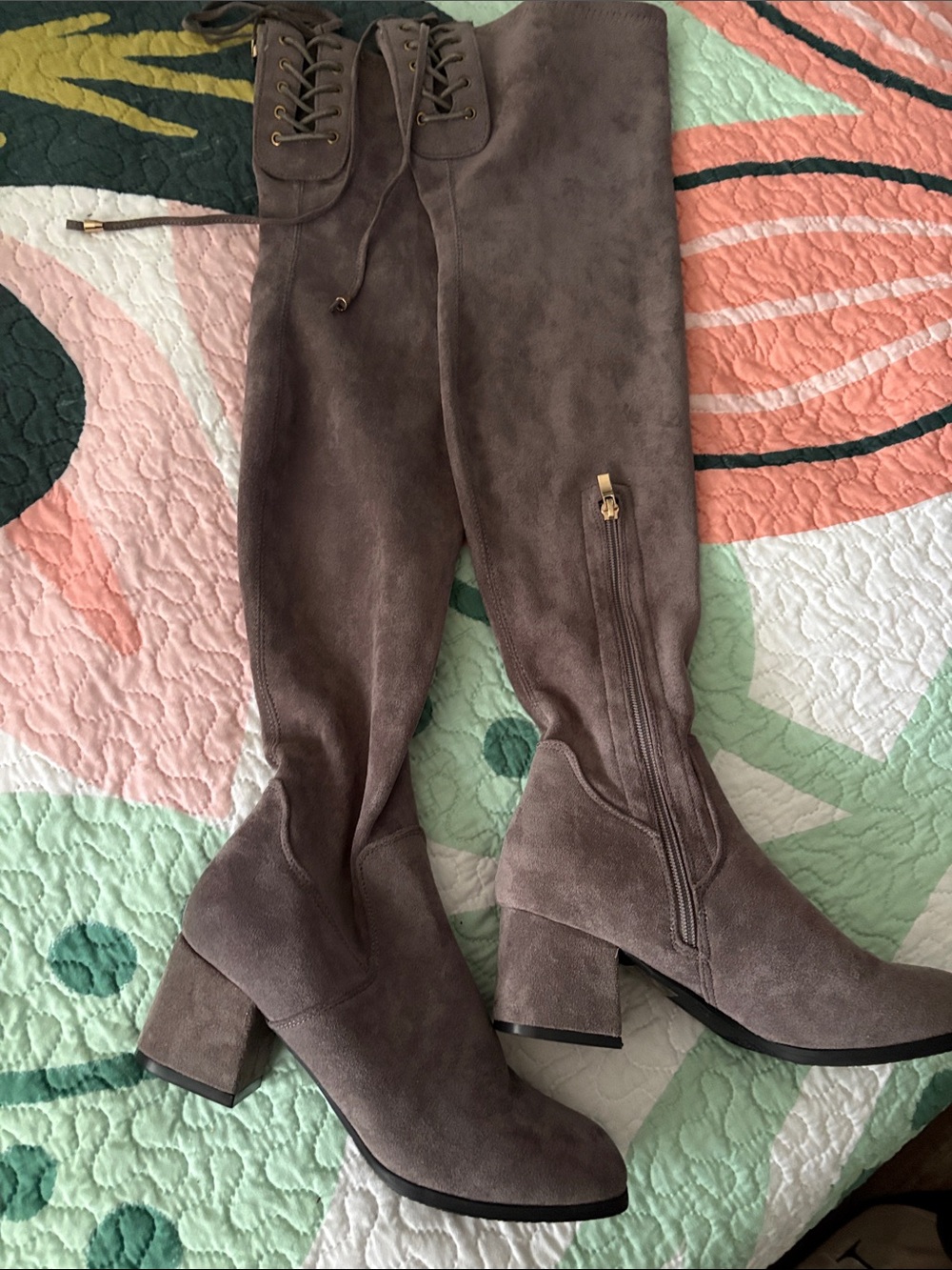 Over-the-Knee Suede Block Heel Boots in Taupe